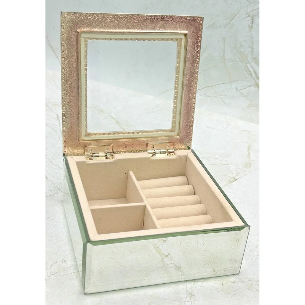 Nicole Miller Hollywood Regency Style Mirrored Trinket Box Seafoam Enamel EUC‎
